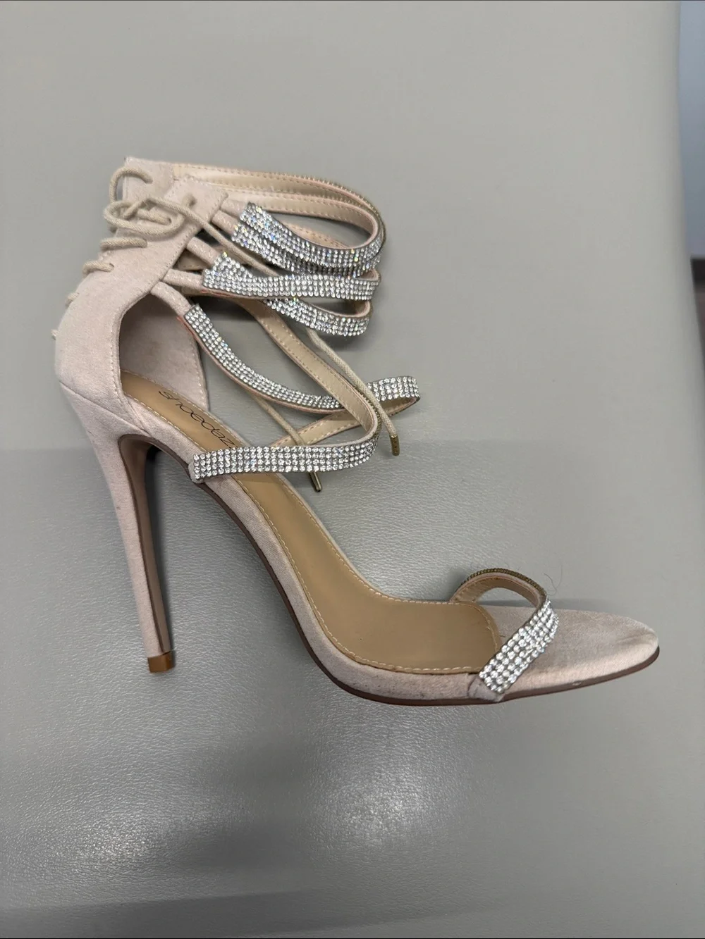 Shoe Dazzle Blush Nude Rhinestone Lace-Up Heels